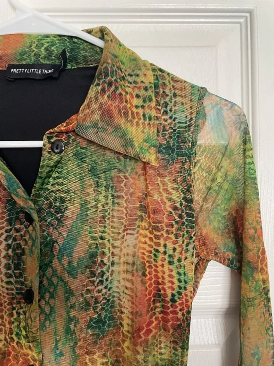 PrettyLittleThing Women’s Size 2 Green Brown Snake-Print Long Sleeve Mini Dress - Picture 2 of 10